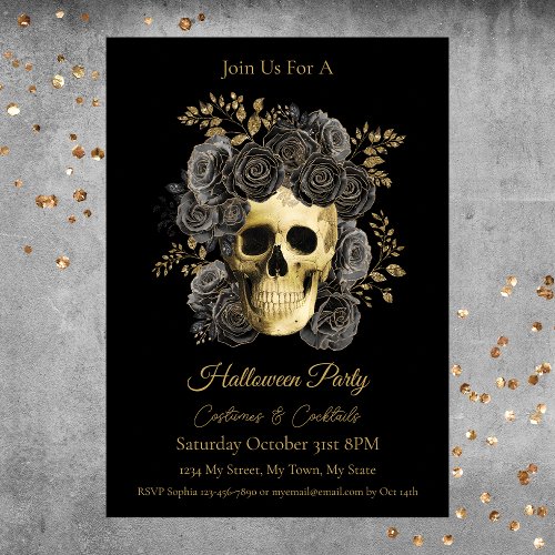 Gothic Skull Black  Gold Roses Halloween Party Invitation