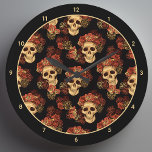 Gothic Skull Black Red Rose Crown Halloween Large Clock<br><div class="desc">This gothic Halloween wall clock with ivory numbers features a pattern of creepy skulls floating in a black abyss. Each skull is adorned with red roses. Their empty soulless eyes are contrasted sharply against the goth rose crown and bouquets of dead flowers.</div>