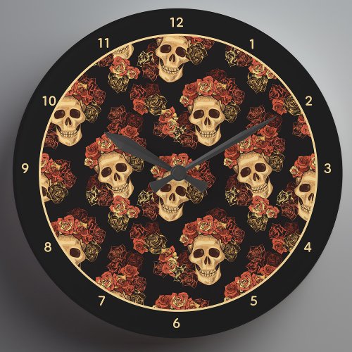 Gothic Skull Black Red Rose Crown Halloween Large Clock