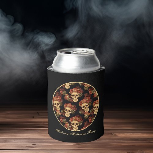 Gothic Skull Black Red Rose Crown Halloween Party Can Cooler