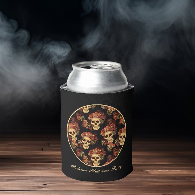 Gothic Skull Black Red Rose Crown Halloween Party Can Cooler (Creator Uploaded)
