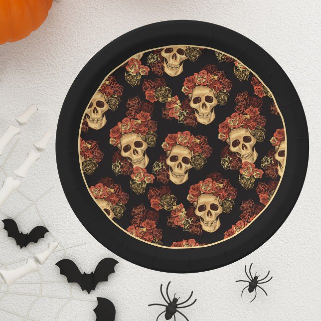 Gothic Skull Black Red Rose Crown Halloween Party Paper Plates (Creator Uploaded)