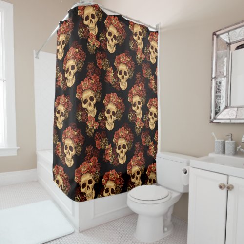 Gothic Skull Black Red Rose Crown Halloween Shower Curtain
