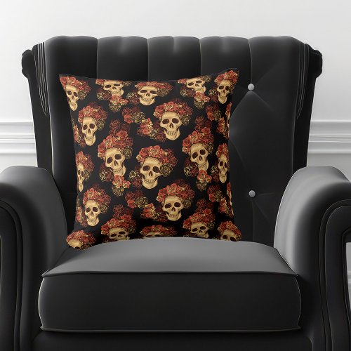 Gothic Skull Black Red Rose Crown Halloween Throw Pillow