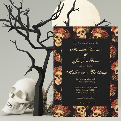 Gothic Skull Black Red Roses Halloween Wedding Invitation