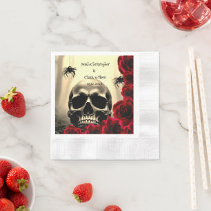 Gothic Skull Black Red Roses Halloween Wedding Napkins