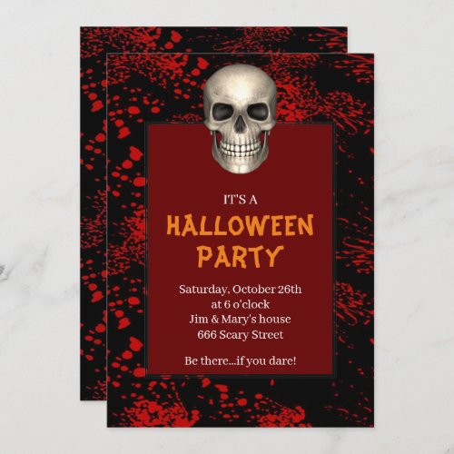 Gothic Skull Blood Splattered Halloween Party Invitation
