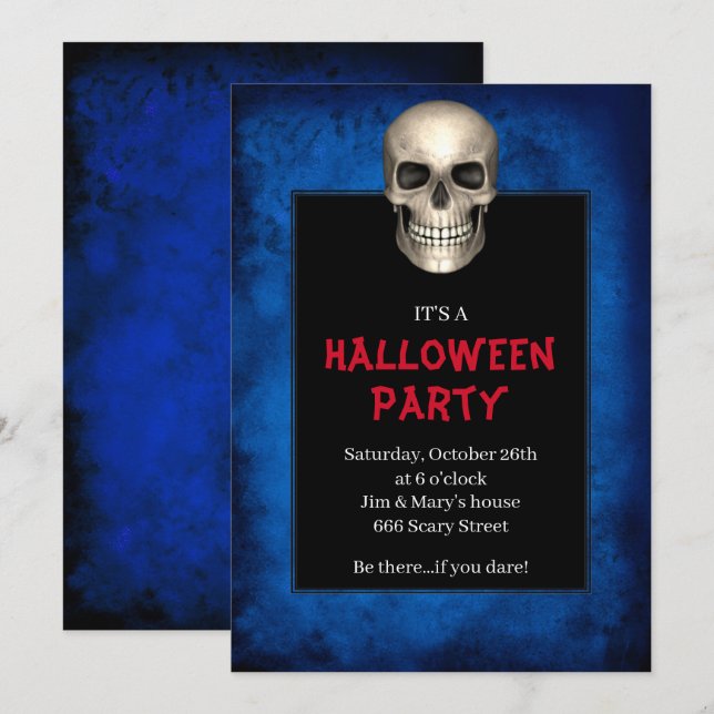 Gothic Skull Blue Grunge Halloween Party Invitation (Front/Back)