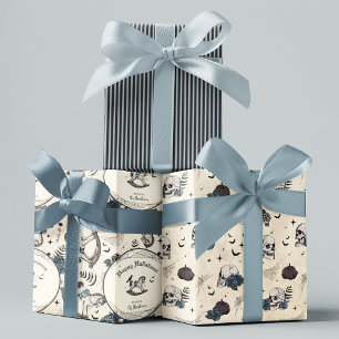 Gothic Skull Blue Roses Pumpkin Boy Halloween Wrapping Paper Sheets