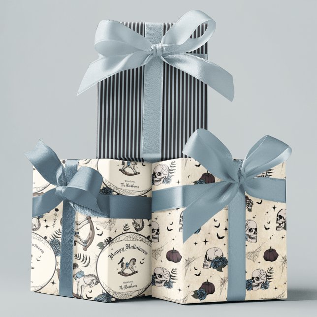 Gothic Skull Blue Roses Pumpkin Boy Halloween Wrapping Paper Sheets (Gothic Happy Halloween Gift Wrap in Blue. Spooky Vintage Rocking Horse, Raven, Skulls, Blue Roses...)