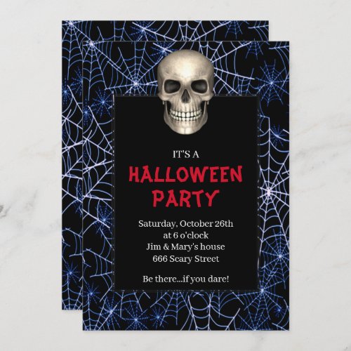 Gothic Skull Blue Spider Web Halloween Party Invitation