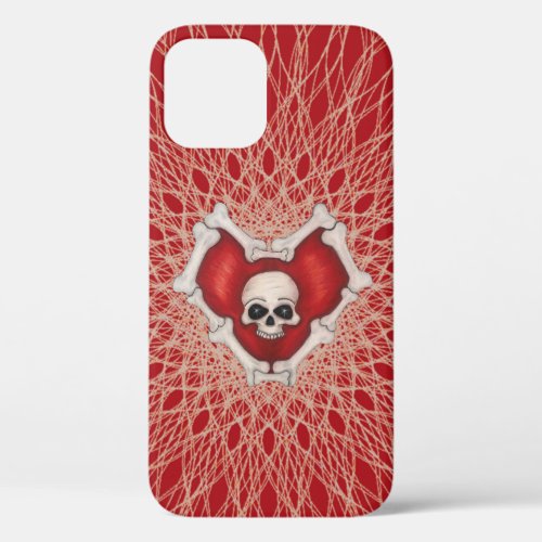 Gothic Skull Bones in Red Heart on Spiral Pattern iPhone 12 Case