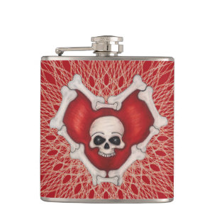 Gothic Skull Bones on Red Heart Spidery Lines Flask