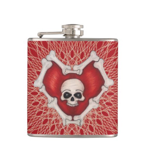 Gothic Skull Bones on Red Heart Spidery Lines Flask