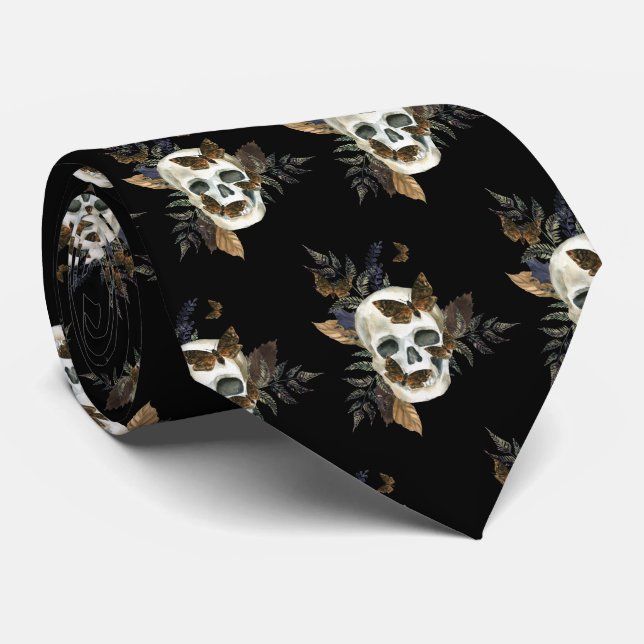 Gothic Skull Botanical Black Neck Tie (Rolled)