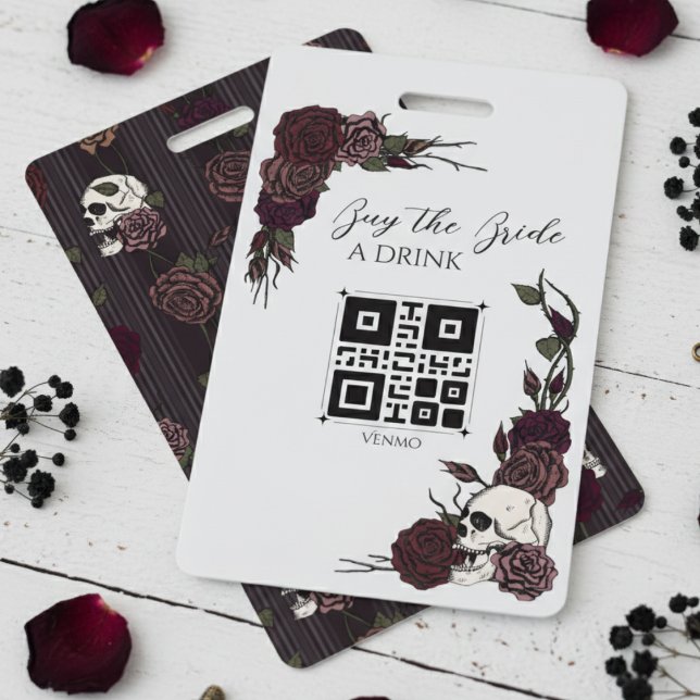 Gothic Skull Buy the Bride a Drink QR Code Badge (Gothic Wedding Buy the Bride a Drink Wedding QR Code Badges. Elegant Dark Floral Skull Hand Drawn)