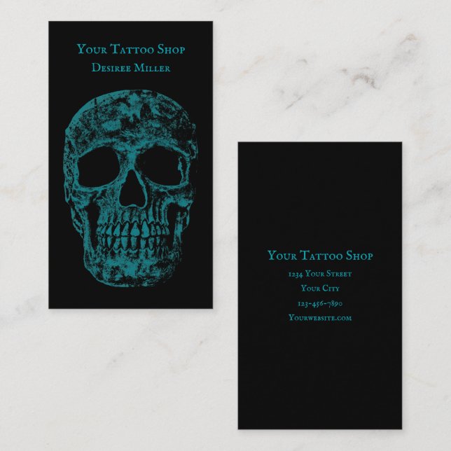 Gothic Skull Cool Teal Black Grunge Texture Business Card (Front/Back)