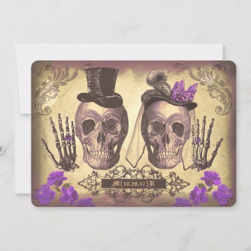 Gothic Skull Couple Day of The Dead Wedding purple Invitation