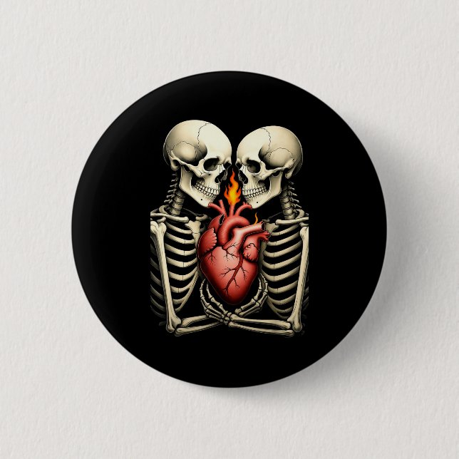 Gothic Skull Couple Flaming Heart Dark Romance Sty Button (Front)
