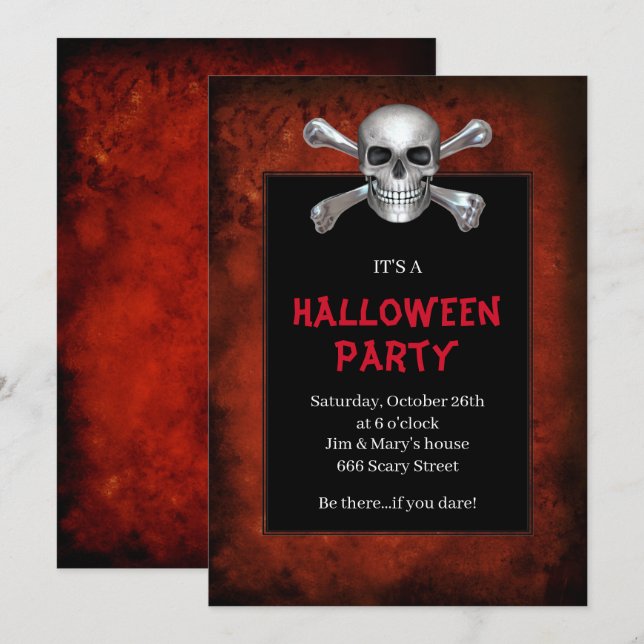 Gothic Skull Crossbones Red Grunge Halloween Party Invitation (Front/Back)