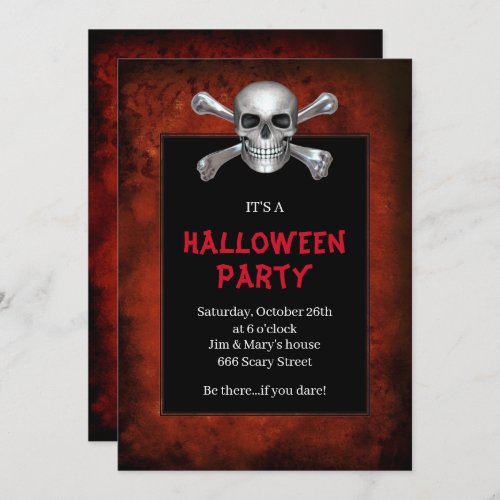 Gothic Skull Crossbones Red Grunge Halloween Party Invitation
