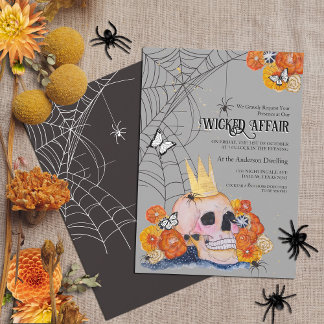 Gothic Skull Crown Butterflies Floral Halloween Invitation