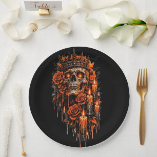 Gothic Skull Crown Halloween Dark Roses Spooky Des Paper Plates