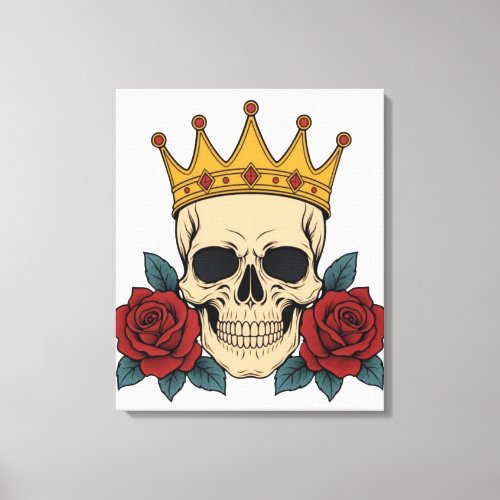 Gothic Skull Crown with Red Roses – Dark Biker Canvas Print