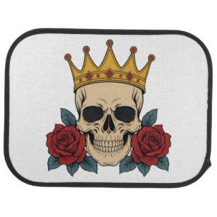 Gothic Skull Crown with Red Roses – Dark Biker Car Floor Mat