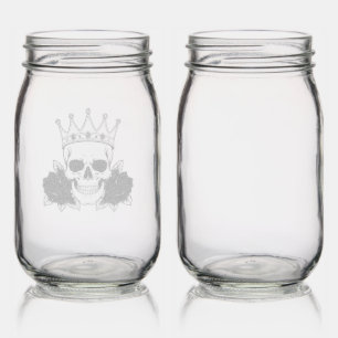 Gothic Skull Crown with Red Roses – Dark Biker Mason Jar