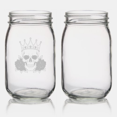Gothic Skull Crown with Red Roses – Dark Biker Mason Jar