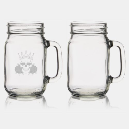 Gothic Skull Crown with Red Roses – Dark Biker Mason Jar W/ Handle