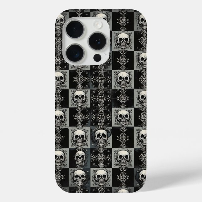 Gothic Skull & Damask Checkerboard Phone Case  (Back)