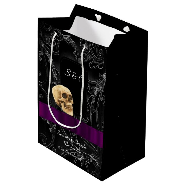 Gothic skull dark black themed medium gift bag (Front Angled)