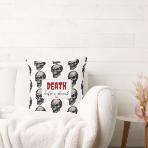 Gothic Skull ‘Death Before Decaf’ Spooky Funny - Throw Pillow