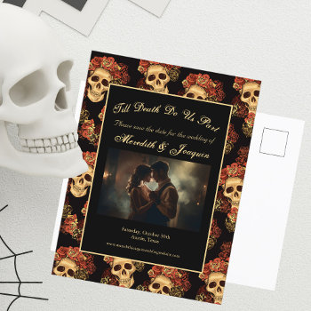 Gothic Skull Engagement Photo Save The Date Announcement Postcard by epicdesigns at Zazzle