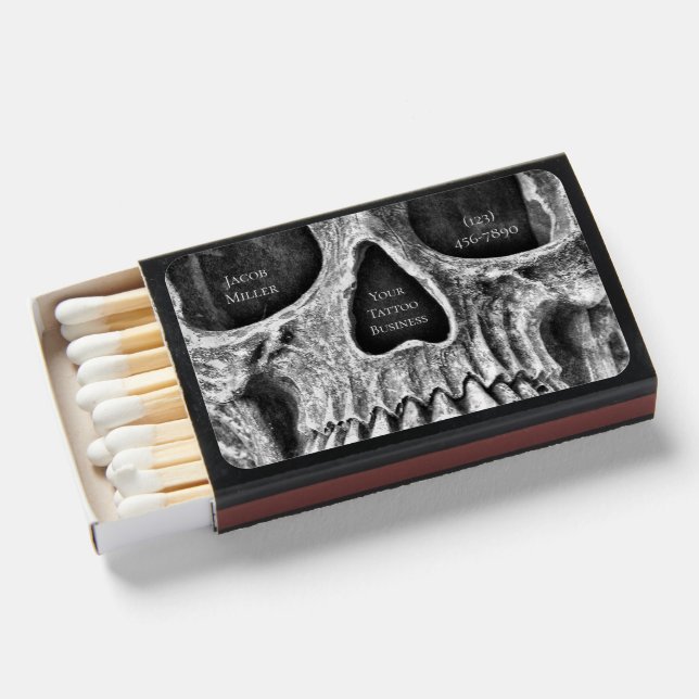 Gothic Skull Face Black And White Tattoo Shop Matchboxes (Front Open)
