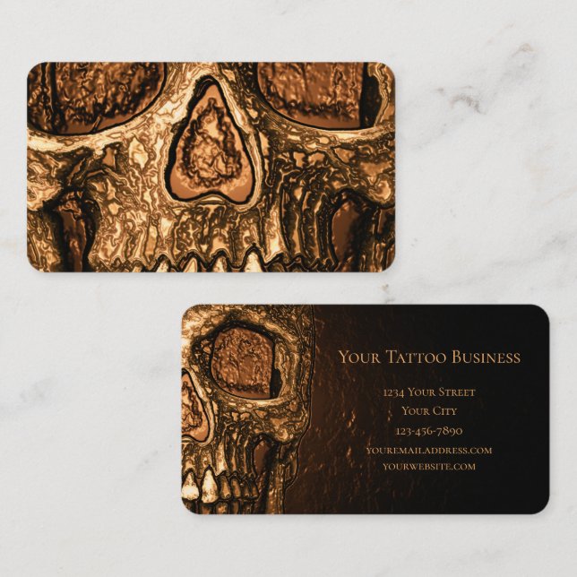 Gothic Skull Face Glowing Gold Black Tattoo Shop Business Card (Front/Back)