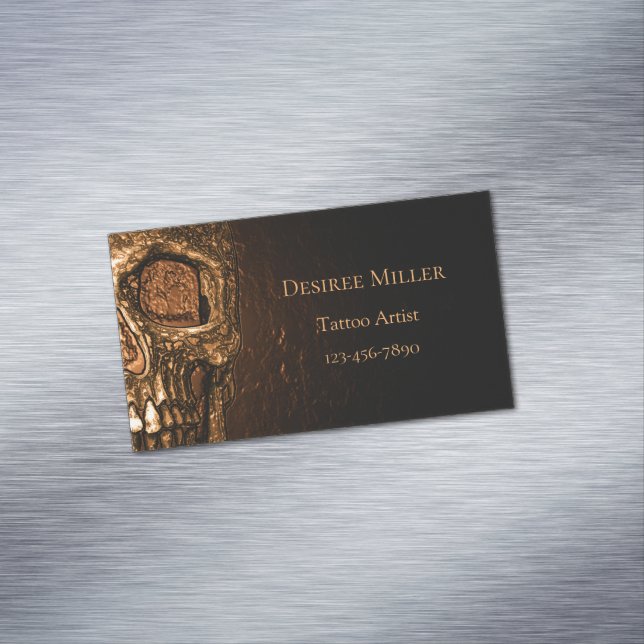 Gothic Skull Face Glowing Gold Black Tattoo Shop Business Card Magnet (In Situ)