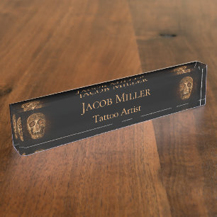 Gothic Skull Face Glowing Gold Black Tattoo Shop Desk Name Plate