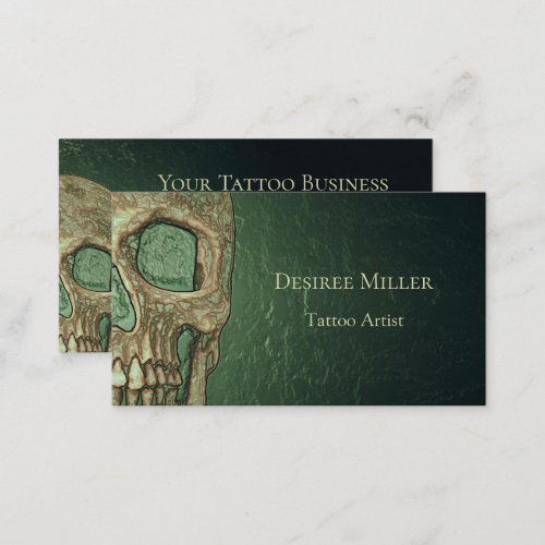 Gothic Skull Face Glowing Green Gold Tattoo Shop Business Card