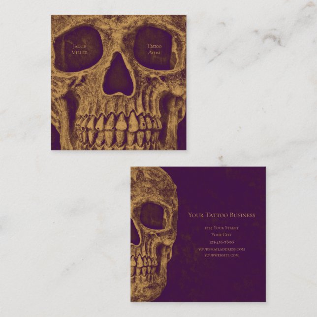 Gothic Skull Face Gold Purple Tattoo Shop Square Business Card (Front/Back)