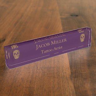 Gothic Skull Face Gold Purple Unique Tattoo Shop Desk Name Plate