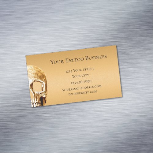 Gothic Skull Face Gold White Tattoo Shop Business Card Magnet