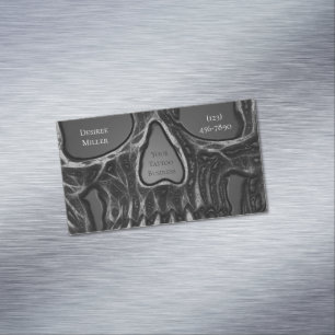 Gothic Skull Face Gray Metallic Cool Tattoo Shop Business Card Magnet