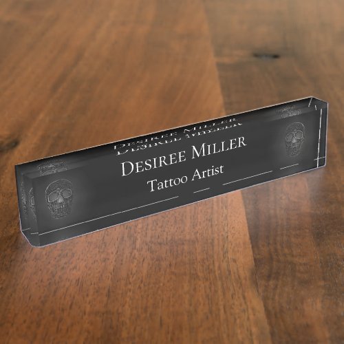 Gothic Skull Face Gray Metallic Cool Tattoo Shop Desk Name Plate