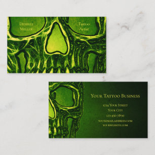 Gothic Skull Face Green Neon Metallic Tattoo Shop Business Card