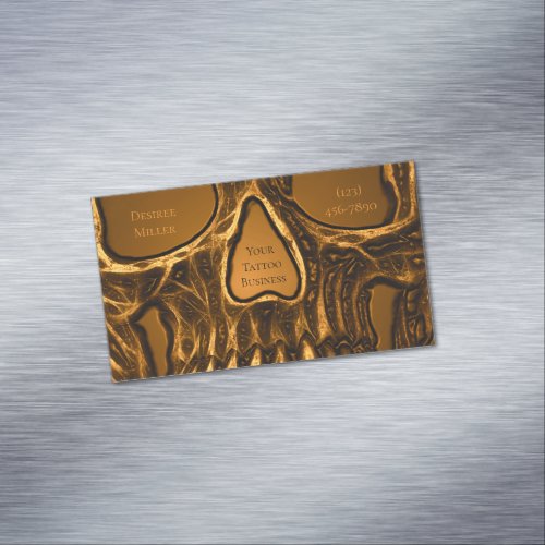 Gothic Skull Face Metallic Gold Tattoo Shop Business Card Magnet