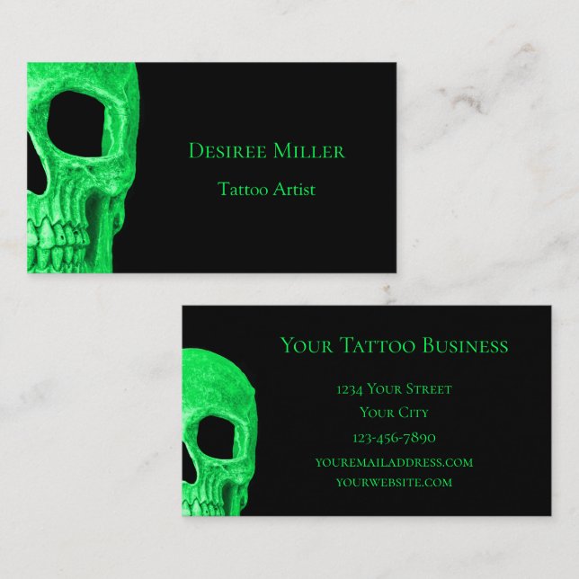 Gothic Skull Face Neon Green Black Tattoo Shop Business Card (Front/Back)