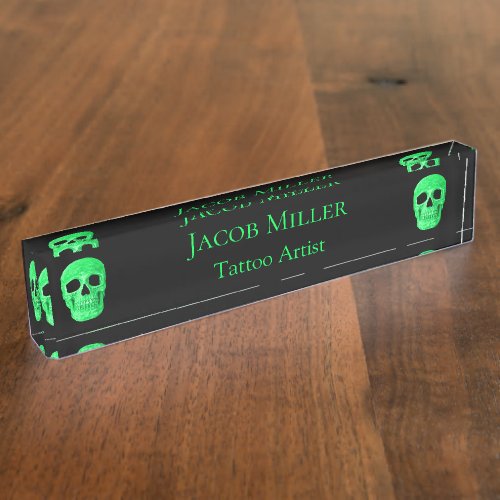 Gothic Skull Face Neon Green Black Tattoo Shop Desk Name Plate